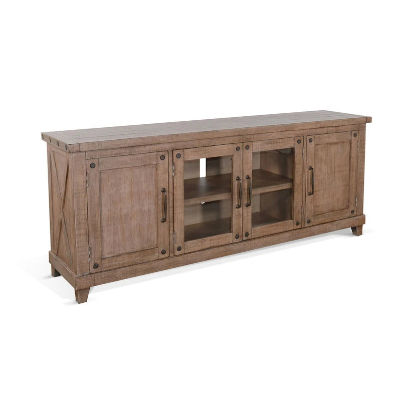 Meuble TV multimédia en acajou massif avec portes vitrées et placards de rangement - 74 po (188 cm) de largeur