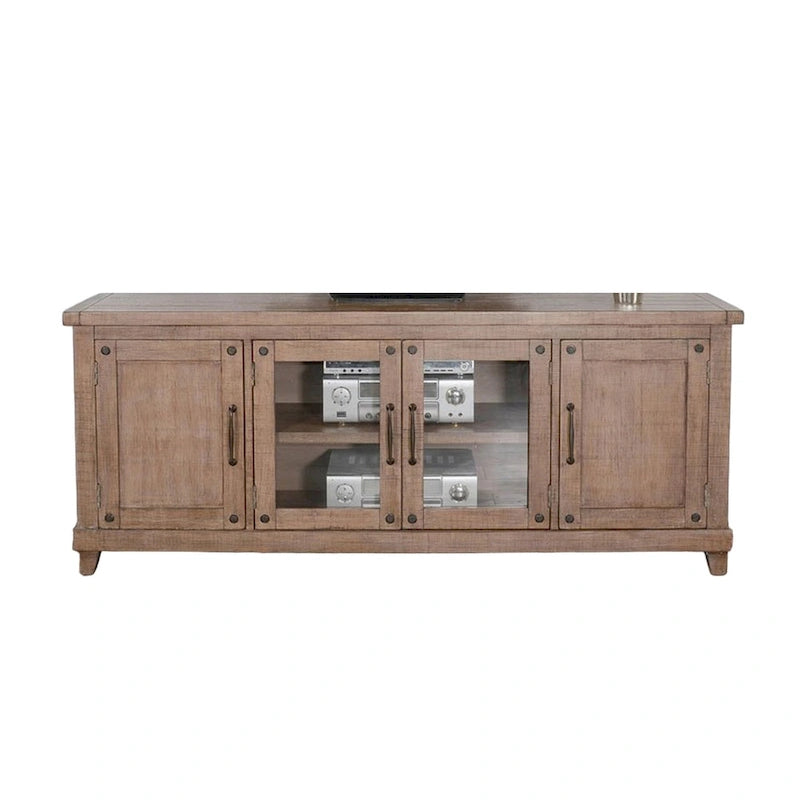 Meuble TV multimédia en acajou massif avec portes vitrées et placards de rangement - 74 po (188 cm) de largeur