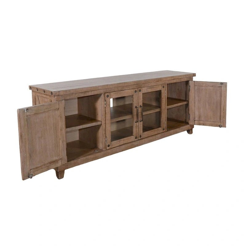 Meuble TV multimédia en acajou massif avec portes vitrées et placards de rangement - 74 po (188 cm) de largeur
