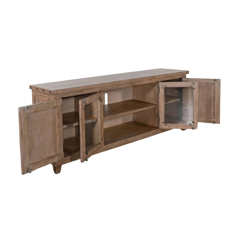 Meuble TV multimédia en acajou massif avec portes vitrées et placards de rangement - 74 po (188 cm) de largeur