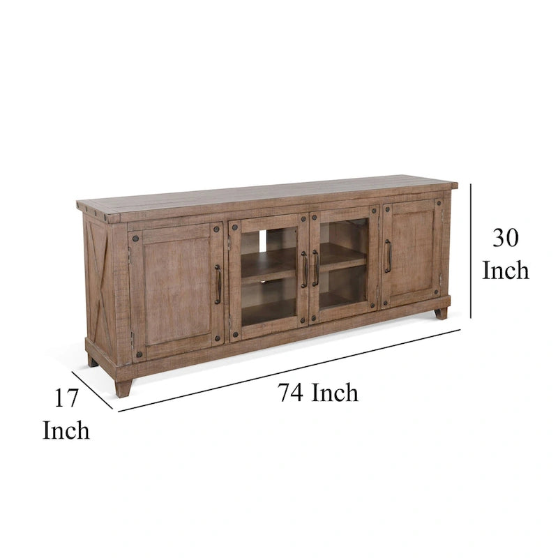 Meuble TV multimédia en acajou massif avec portes vitrées et placards de rangement - 74 po (188 cm) de largeur