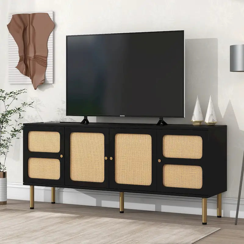 Meuble TV et console média en bois et rotin de style bohème champêtre - 164,8 cm L x 42,9 cm P x 71,9 cm H