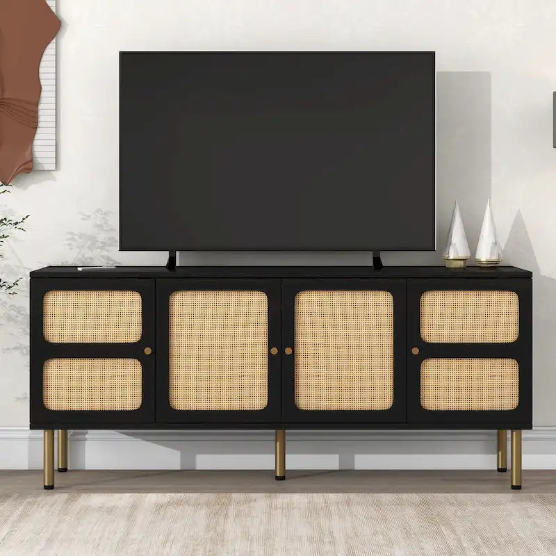 Meuble TV et console média en bois et rotin de style bohème champêtre - 164,8 cm L x 42,9 cm P x 71,9 cm H
