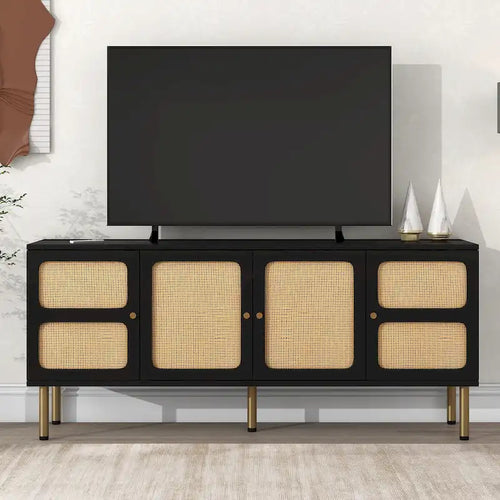 Meuble TV et console média en bois et rotin de style bohème champêtre - 164,8 cm L x 42,9 cm P x 71,9 cm H
