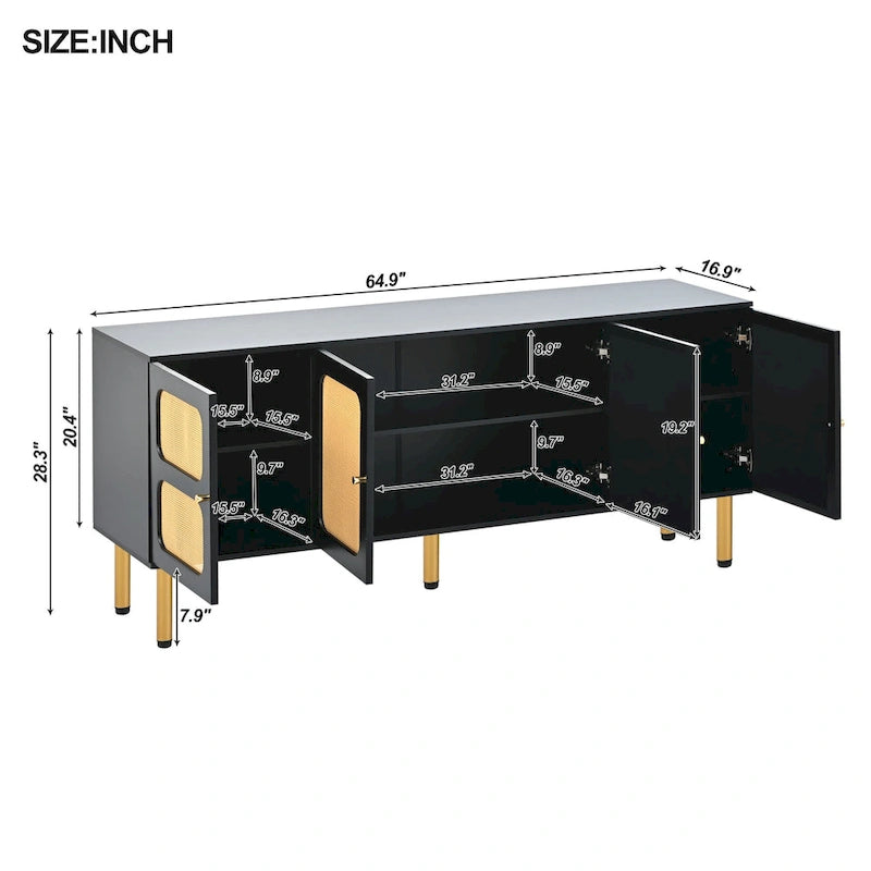 Meuble TV et console média en bois et rotin de style bohème champêtre - 164,8 cm L x 42,9 cm P x 71,9 cm H