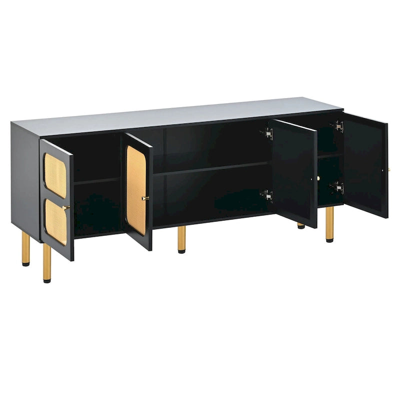 Meuble TV et console média en bois et rotin de style bohème champêtre - 164,8 cm L x 42,9 cm P x 71,9 cm H