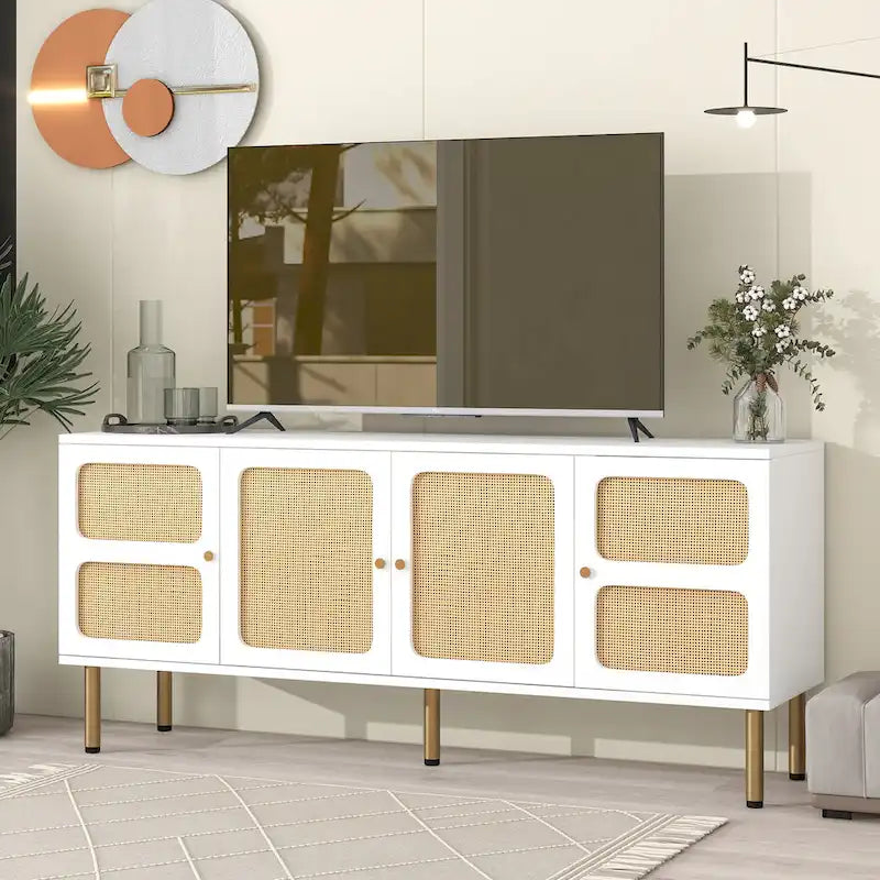 Meuble TV et console média en bois et rotin de style bohème champêtre - 164,8 cm L x 42,9 cm P x 71,9 cm H