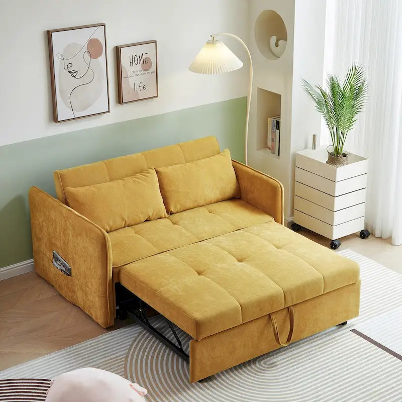 Canapé-lit gigogne en tissu chenille jaune moutarde - 136 cm L x 99 cm P x 80 cm H