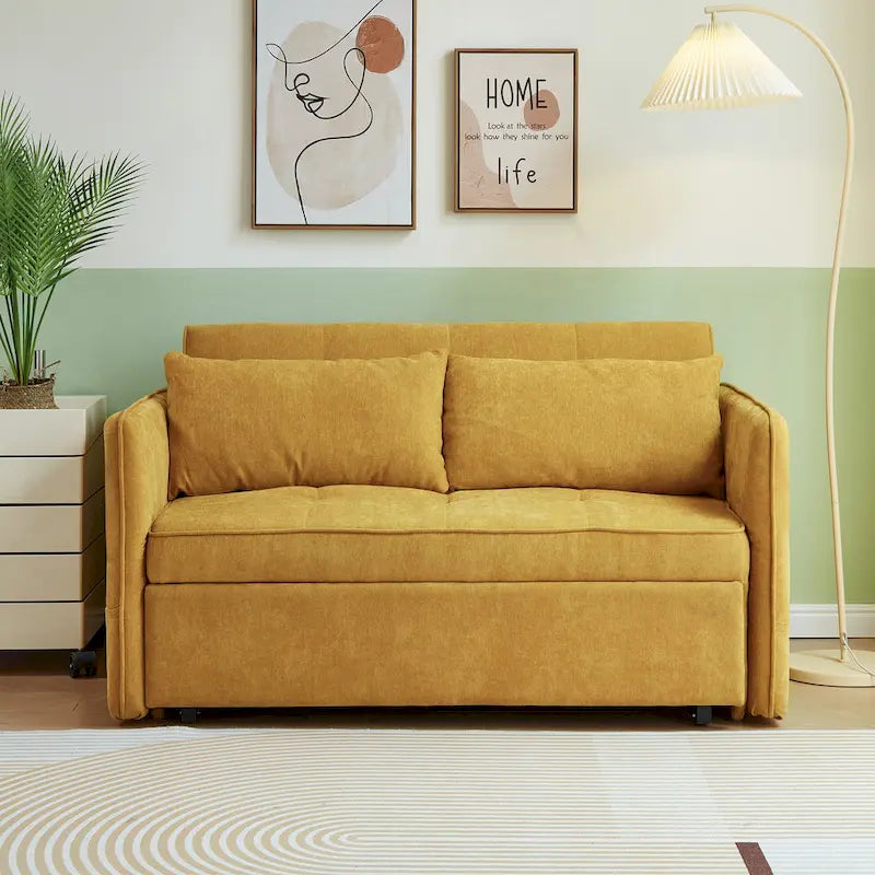 Canapé-lit gigogne en tissu chenille jaune moutarde - 136 cm L x 99 cm P x 80 cm H