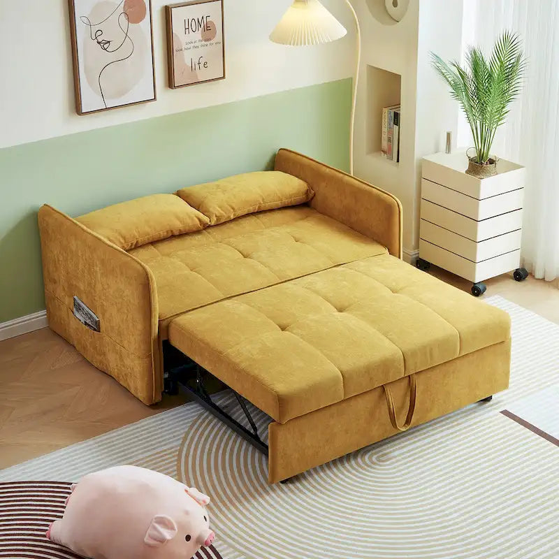 Canapé-lit gigogne en tissu chenille jaune moutarde - 136 cm L x 99 cm P x 80 cm H