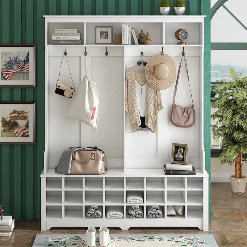 Porte-manteau avec patères, étagères et 24 casiers à chaussures - Meuble d'entrée