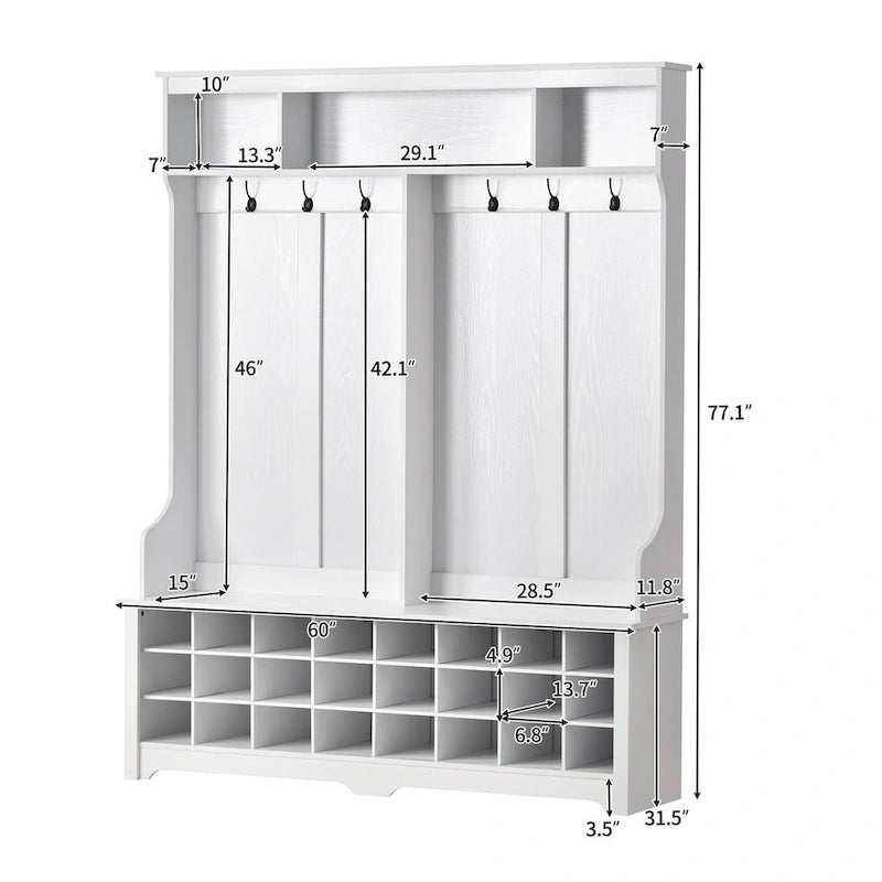 Porte-manteau avec patères, étagères et 24 casiers à chaussures - Meuble d'entrée