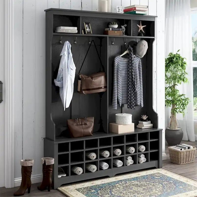 Porte-manteau avec patères, étagères et 24 casiers à chaussures - Meuble d'entrée