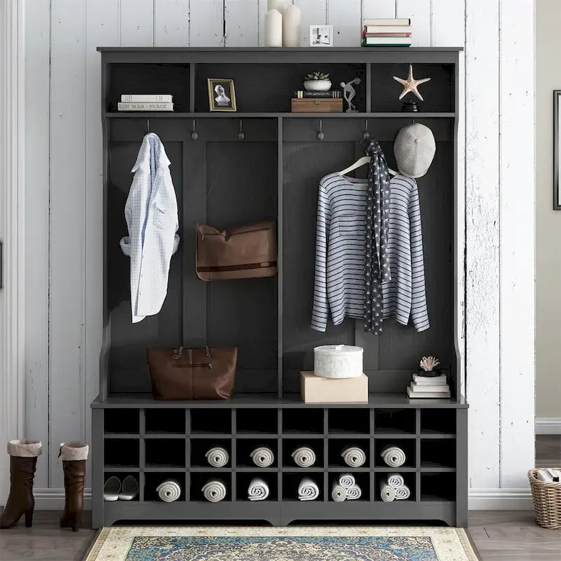 Porte-manteau avec patères, étagères et 24 casiers à chaussures - Meuble d'entrée
