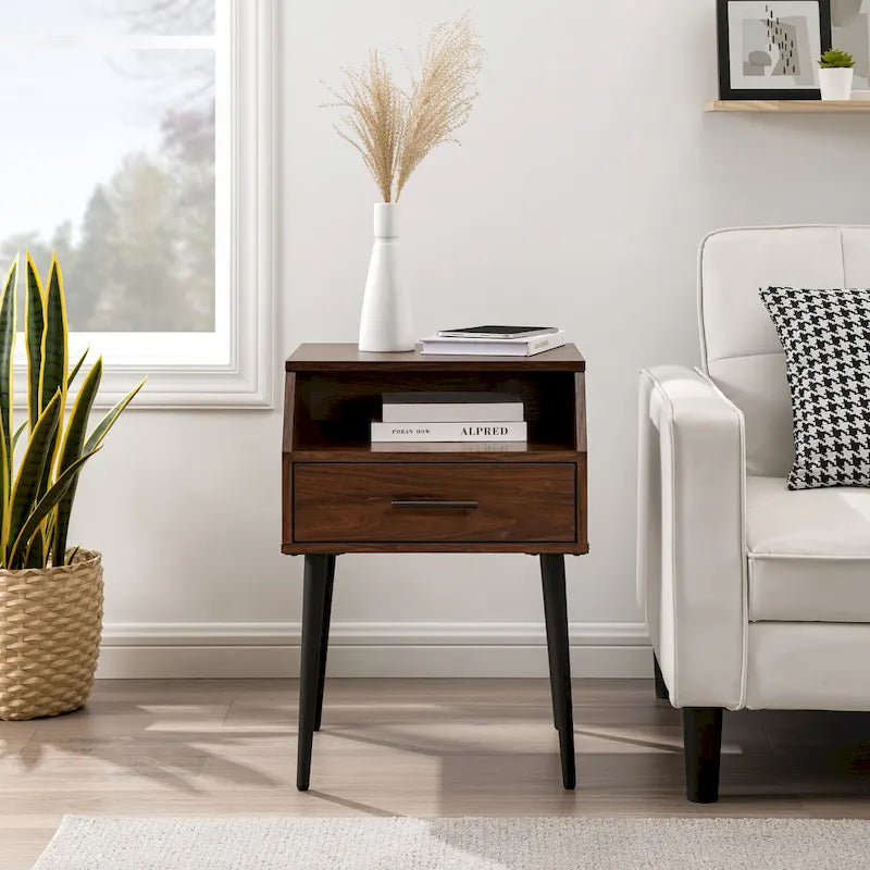 Table d'appoint contemporaine minimale avec tiroir et casier ouvert - 45,7 cm L x 45,7 cm P x 63,5 cm H