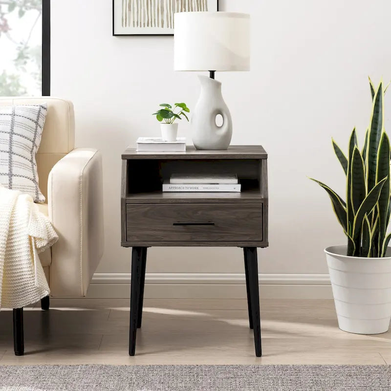 Table d'appoint contemporaine minimale avec tiroir et casier ouvert - 45,7 cm L x 45,7 cm P x 63,5 cm H