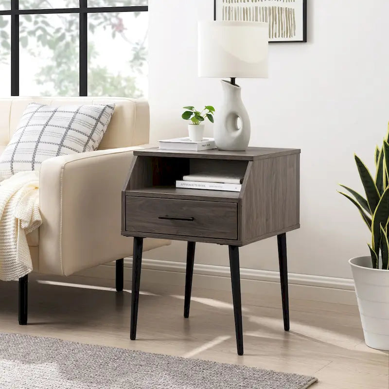 Table d'appoint contemporaine minimale avec tiroir et casier ouvert - 45,7 cm L x 45,7 cm P x 63,5 cm H