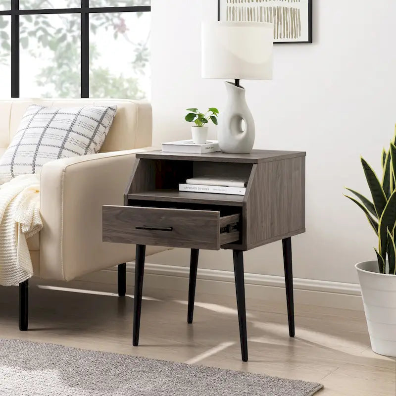 Table d'appoint contemporaine minimale avec tiroir et casier ouvert - 45,7 cm L x 45,7 cm P x 63,5 cm H