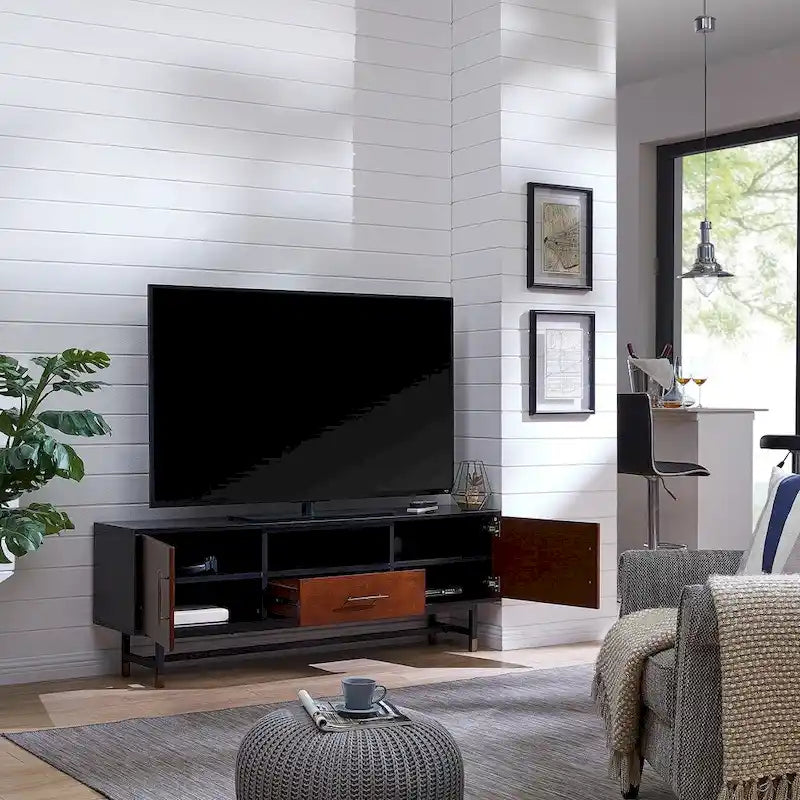 Meuble TV multimédia Mid-Century Modern pour téléviseurs jusqu'à 61 pouces - Noir et Érable Whisky