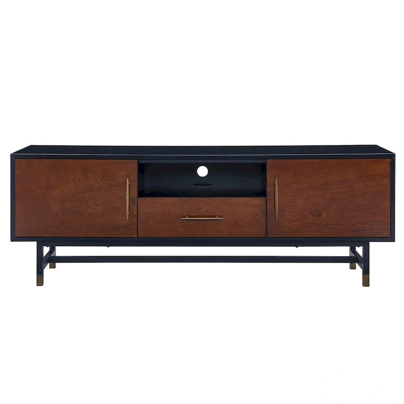 Meuble TV multimédia Mid-Century Modern pour téléviseurs jusqu'à 61 pouces - Noir et Érable Whisky