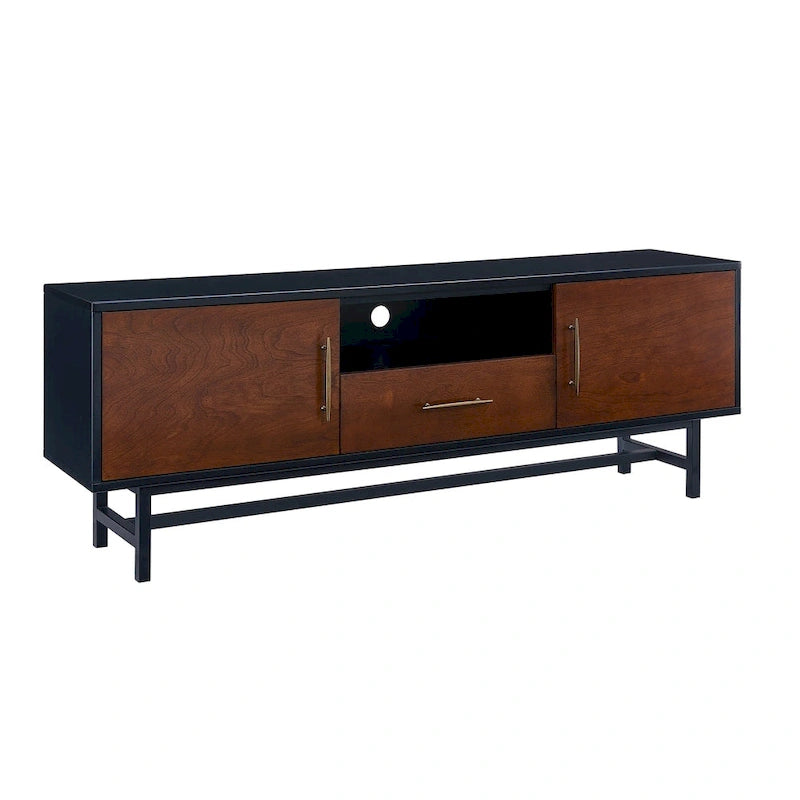 Meuble TV multimédia Mid-Century Modern pour téléviseurs jusqu'à 61 pouces - Noir et Érable Whisky