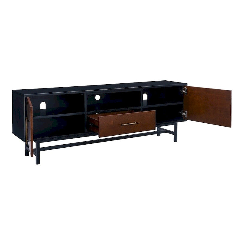Meuble TV multimédia Mid-Century Modern pour téléviseurs jusqu'à 61 pouces - Noir et Érable Whisky