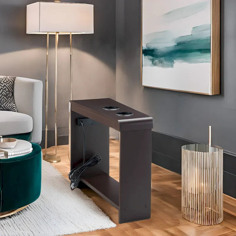 Table d'appoint étroite avec station de charge - Table de chevet avec rangement, 3 prises et 2 ports USB