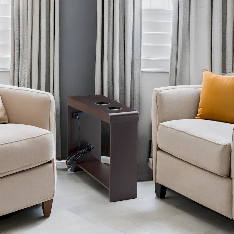 Table d'appoint étroite avec station de charge - Table de chevet avec rangement, 3 prises et 2 ports USB