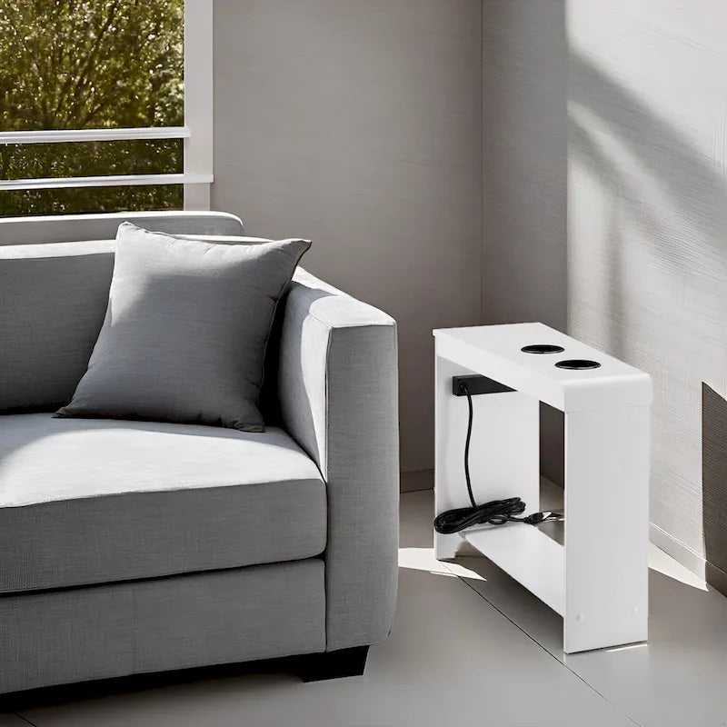 Table d'appoint étroite avec station de charge - Table de chevet avec rangement, 3 prises et 2 ports USB