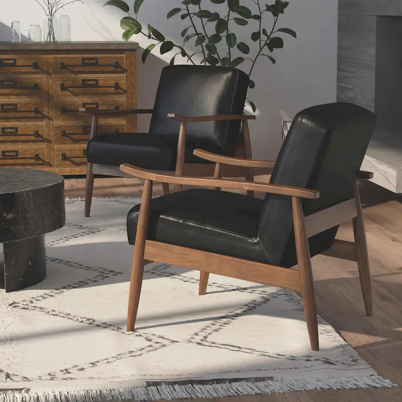 Fauteuil d'appoint en similicuir avec base en bois - Style rétro moderne