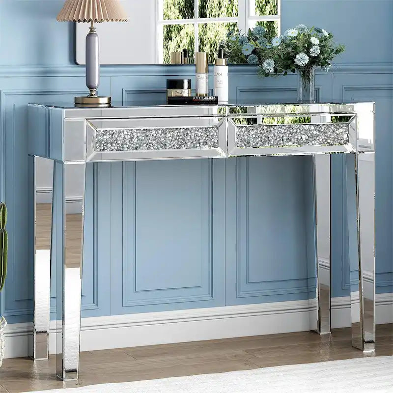 Glam Mirrored 2 Drawer Desk Console Table - 29.92 H X 39.37 W X 13.78 D