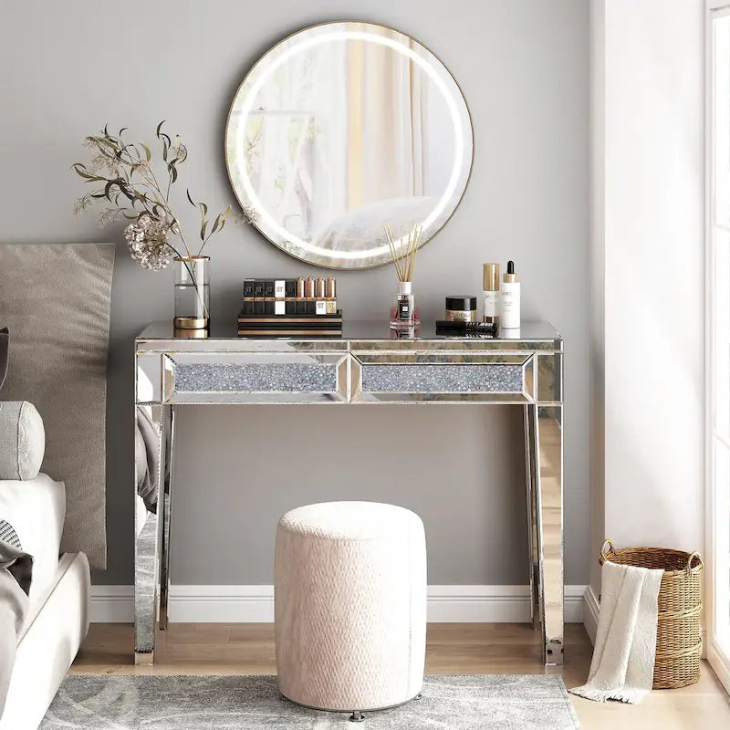 Coiffeuse et Console Miroir Glamour à 2 Tiroirs - 39,37 larg. x 13,78 prof. x 29,92 haut. pouces