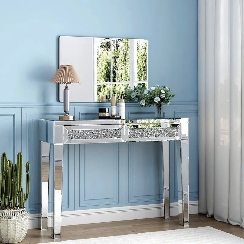 Coiffeuse et Console Miroir Glamour à 2 Tiroirs - 39,37 larg. x 13,78 prof. x 29,92 haut. pouces