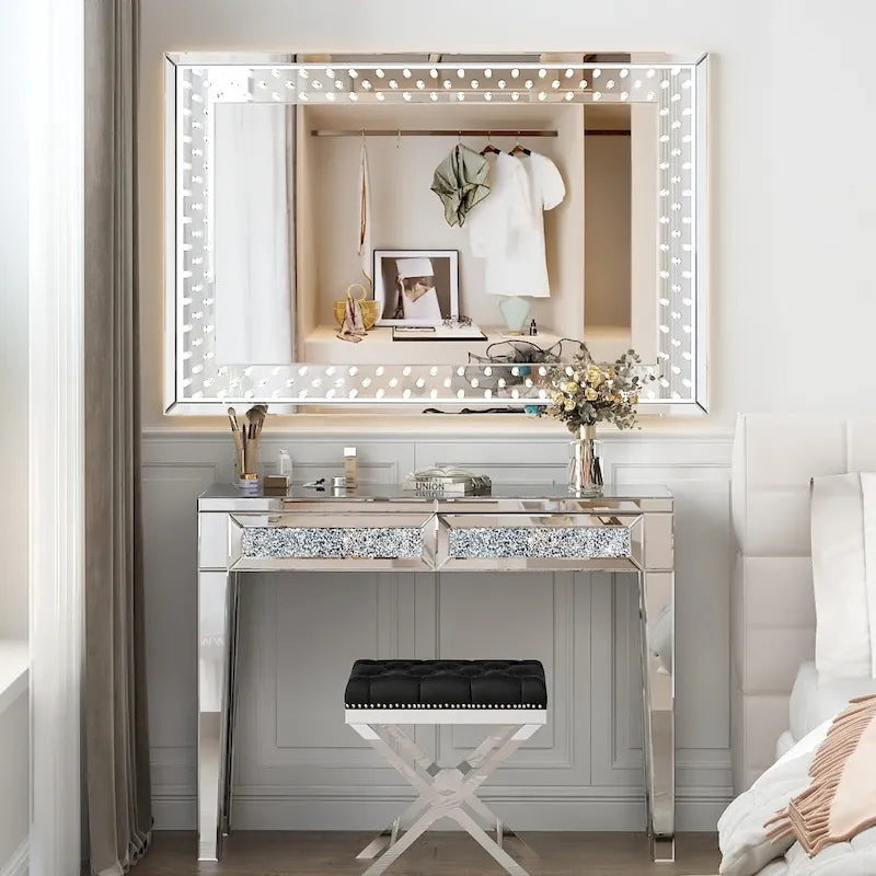 Coiffeuse et Console Miroir Glamour à 2 Tiroirs - 39,37 larg. x 13,78 prof. x 29,92 haut. pouces