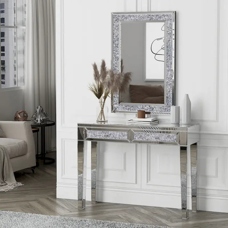 Coiffeuse et Console Miroir Glamour à 2 Tiroirs - 39,37 larg. x 13,78 prof. x 29,92 haut. pouces