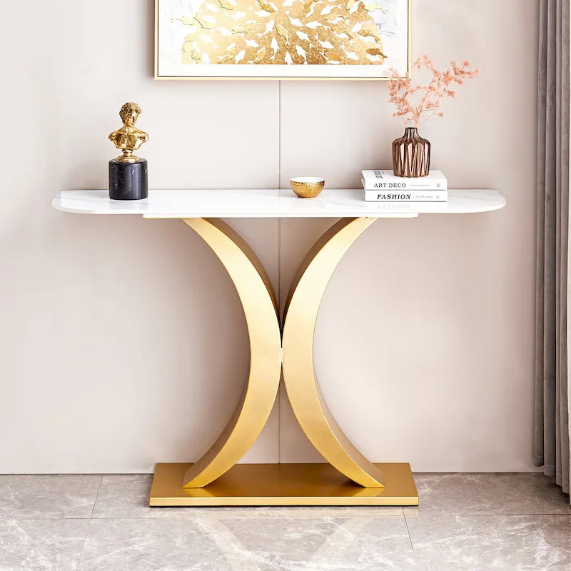 Console en pierre frittée moderne avec cadre en métal et pieds réglables - 120 cm
