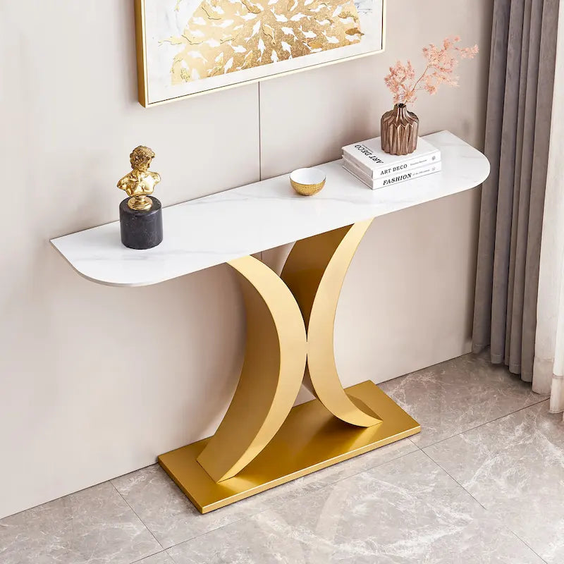 Console en pierre frittée moderne avec cadre en métal et pieds réglables - 120 cm