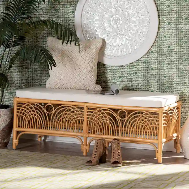 Banc moderne bohème en rotin naturel avec coussin