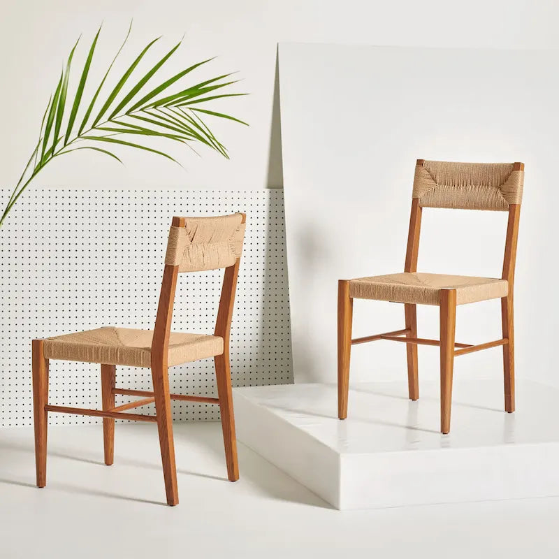 Lot de 2 chaises de salle à manger en rotin - Cadre en chêne massif naturel - 16L x 21P x 34H pouces