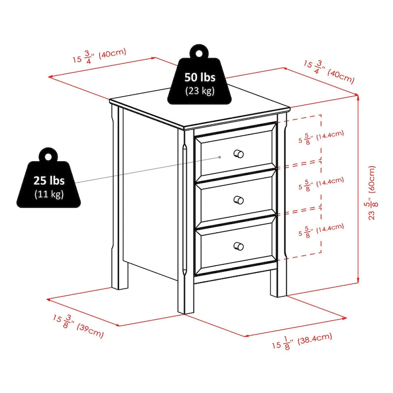 Table de chevet et d'appoint noire à 3 tiroirs - 15.75L x 15.75P x 23.63H pouces