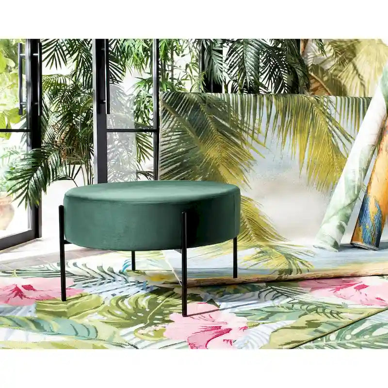 Pouf de cocktail rond en velours avec pieds en métal noir mat