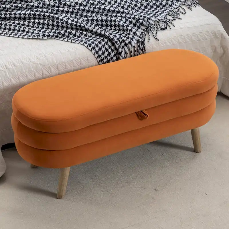 Banc de rangement capitonné en velours avec pieds en bois - Capacité de 136 kg