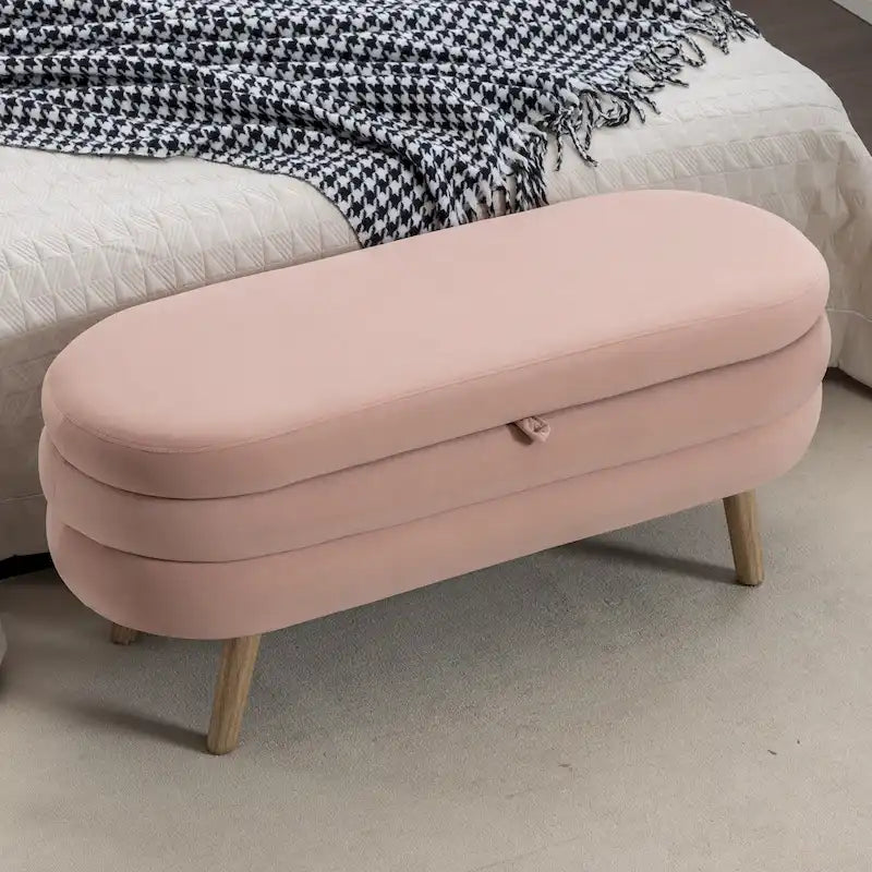 Banc de rangement capitonné en velours avec pieds en bois - Capacité de 136 kg