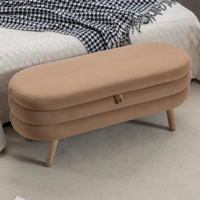 Banc de rangement capitonné en velours avec pieds en bois - Capacité de 136 kg