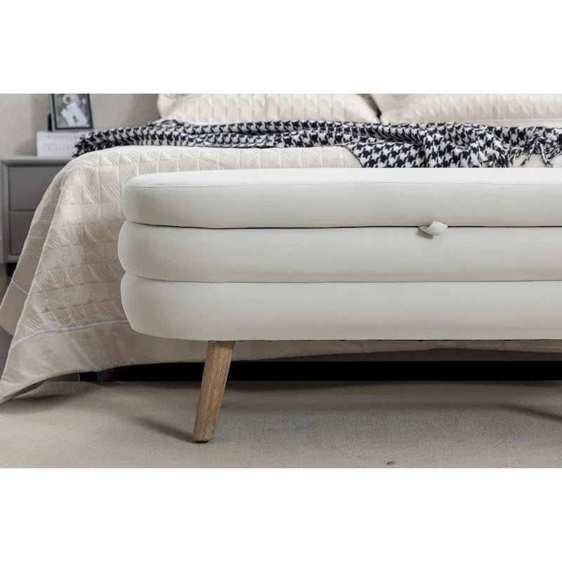 Banc de rangement capitonné en velours avec pieds en bois - Capacité de 136 kg