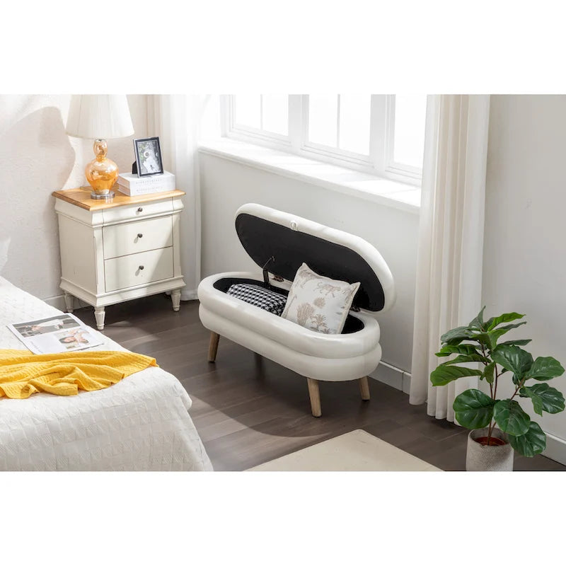 Banc de rangement capitonné en velours avec pieds en bois - Capacité de 136 kg