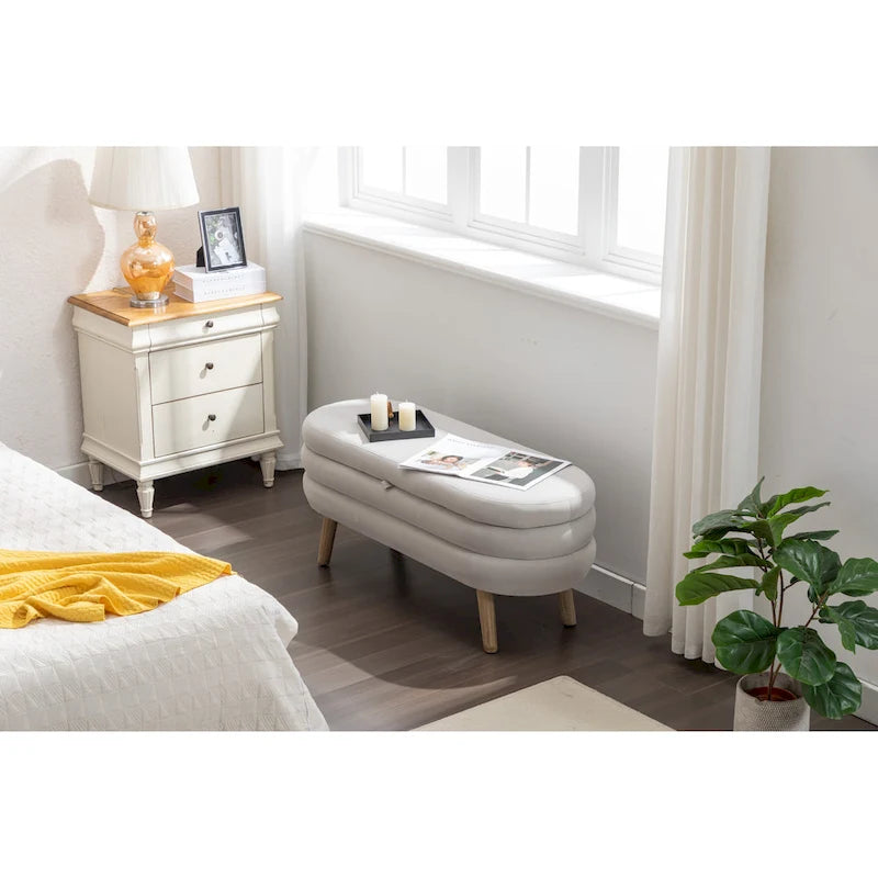 Banc de rangement capitonné en velours avec pieds en bois - Capacité de 136 kg