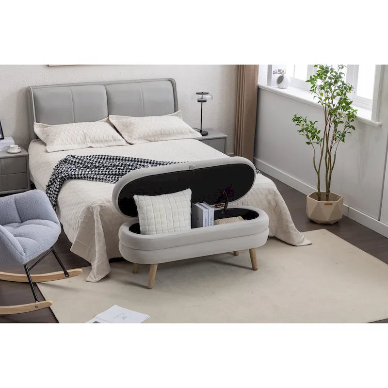 Banc de rangement capitonné en velours avec pieds en bois - Capacité de 136 kg