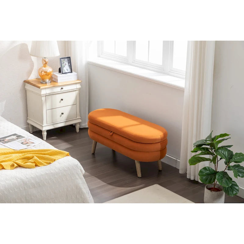 Banc de rangement capitonné en velours avec pieds en bois - Capacité de 136 kg