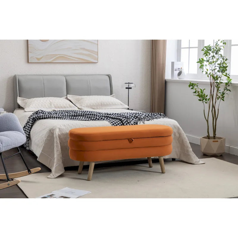 Banc de rangement capitonné en velours avec pieds en bois - Capacité de 136 kg